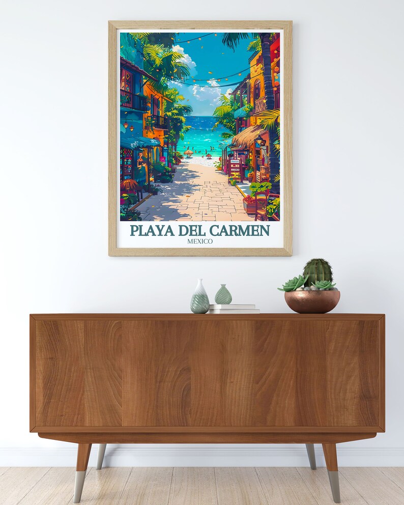 Unique Playa Carmen Artwork capturing the essence of La Quinta Avenida. The Caribbean Sea's blue hues create a tranquil setting. Perfect for enhancing your home decor and celebrating Mexican culture.