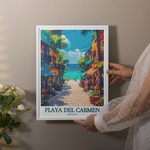 Beautiful Playa Del Carmen Art showcasing the charm of La Quinta Avenida. The stunning Caribbean Sea provides a serene backdrop. Ideal for those who love travel and want to bring a piece of Mexico into their home.
