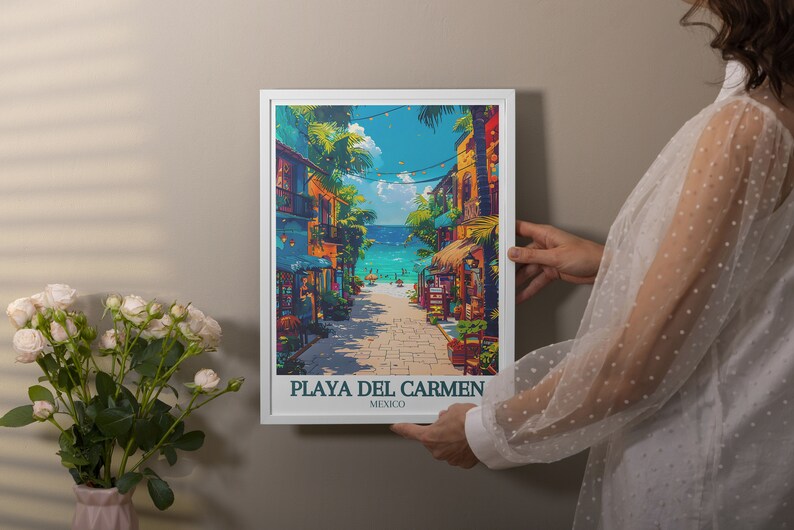 Beautiful Playa Del Carmen Art showcasing the charm of La Quinta Avenida. The stunning Caribbean Sea provides a serene backdrop. Ideal for those who love travel and want to bring a piece of Mexico into their home.
