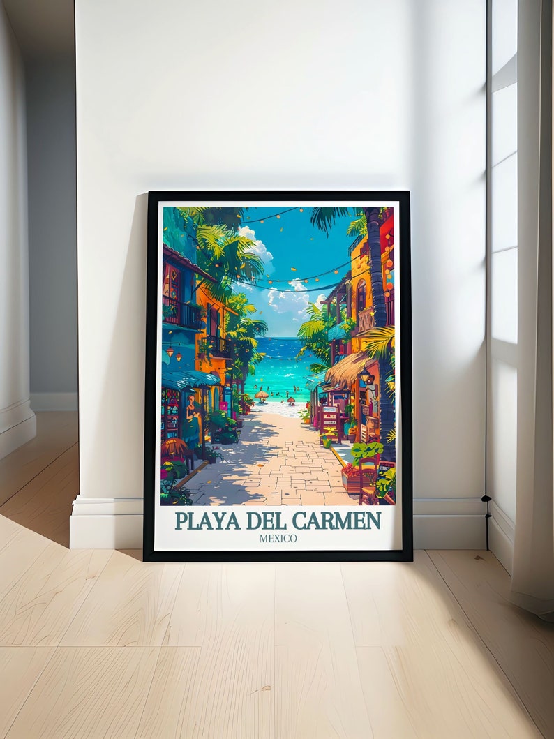 Stunning Mexico Wall Art capturing the vibrant spirit of Playa Del Carmen. Featuring the bustling La Quinta Avenida and the serene Caribbean Sea. Ideal for adding a touch of Mexico to your home decor or as a unique travel gift.