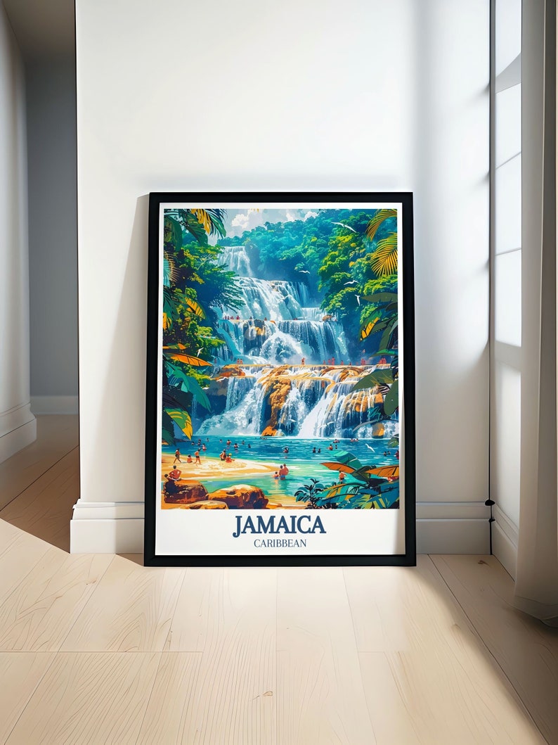 A beautiful illustration of Dunns River Falls in Jamaica, showcasing the cascading waters and lush greenery. This poster captures the natural beauty and tranquility of this iconic waterfall, inviting viewers to explore its vibrant surroundings.