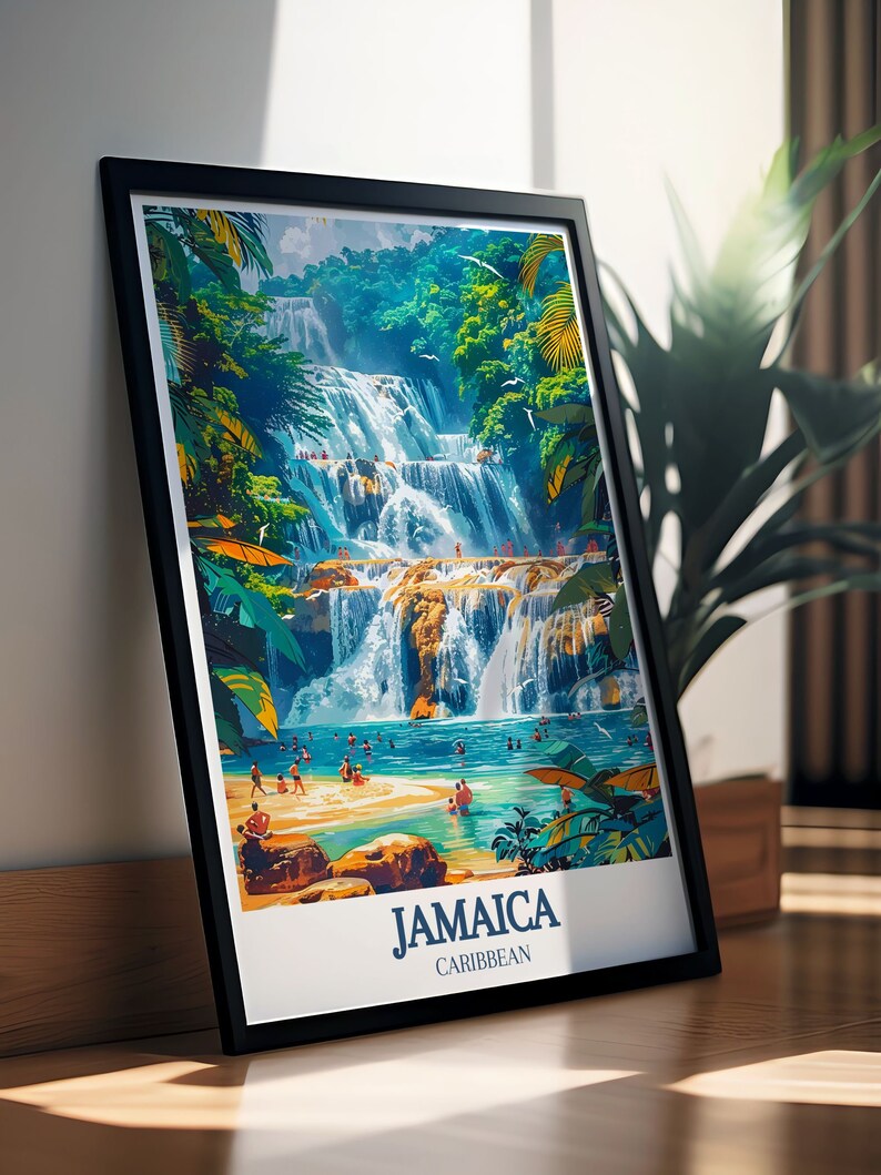 An eye catching illustration of Ocho Rios Beach, featuring the vibrant colors and tranquil setting of the Caribbean shore. The poster celebrates the relaxing atmosphere and scenic beauty of this popular Jamaican destination.