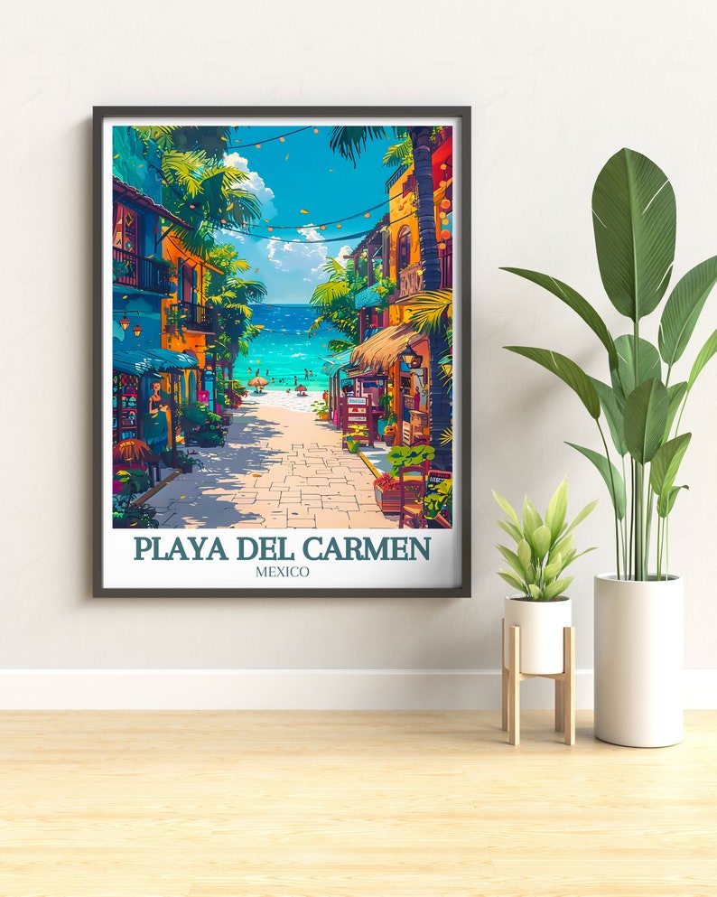 Mesmerizing Mexico Travel Print showcasing Playa Del Carmen's La Quinta Avenida. The Caribbean Sea adds a touch of natural beauty. Ideal for those who love Mexico and want to bring its spirit into their home.