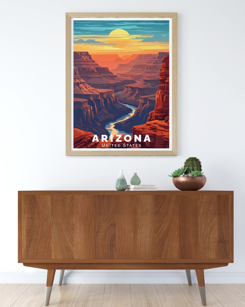 Celebrate the spirit of travel with this Grand Canyon Print. This Arizona Travel Poster features the iconic landscapes of the Grand Canyon, making it a thoughtful gift for travelers, nature enthusiasts