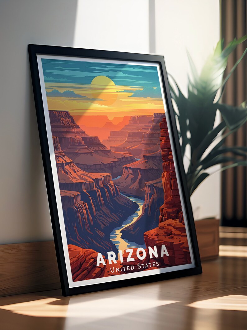 Bring the wonders of the Grand Canyon into your home with this Arizona Travel Print. Perfect for enhancing your decor, this stunning piece of Arizona Artwork captures the majestic scenery and vibrant hues of the Grand Canyon in remarkable detail.