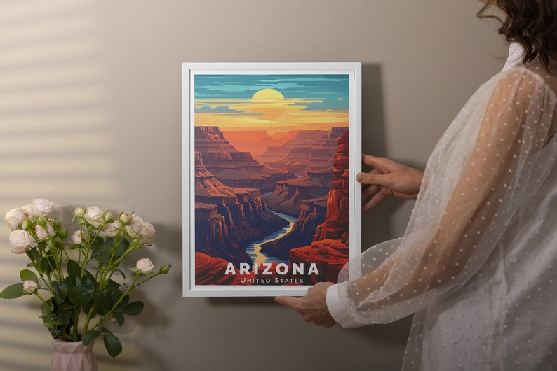 Transform your living room or office with this captivating Grand Canyon Travel Print. This Arizona Artwork showcases the grandeur of the Grand Canyon, offering a constant reminder of the awe-inspiring landscapes that define this remarkable place.