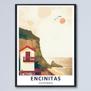 Encinitas, Kalifornien – Poster „Mondscheinstrand“, Leinwanddruck, gerahmt, Swamis Surf Wanddekoration