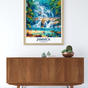 An artistic representation of Dunns River Falls, emphasizing the cascading waters and lush surroundings. This print celebrates the adventurous spirit of visitors who climb the falls, making it a perfect piece for nature enthusiasts.