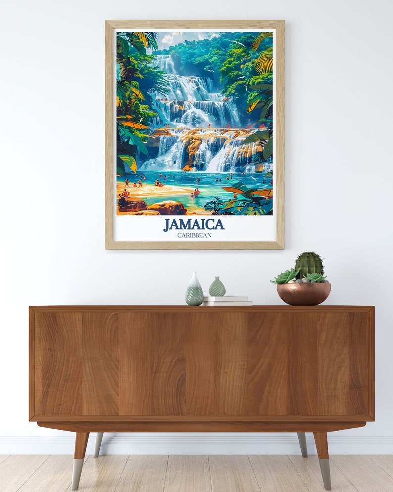 An artistic representation of Dunns River Falls, emphasizing the cascading waters and lush surroundings. This print celebrates the adventurous spirit of visitors who climb the falls, making it a perfect piece for nature enthusiasts.