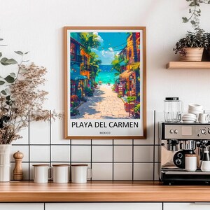 A vibrant Playa Del Carmen poster capturing the lively holiday atmosphere and colorful storefronts along the famous La Quinta Avenida. A beautiful piece of Mexican coastal wall art to brighten your home, this print is available as a premium framed art piece or high-quality canvas from MapYourDreams.
