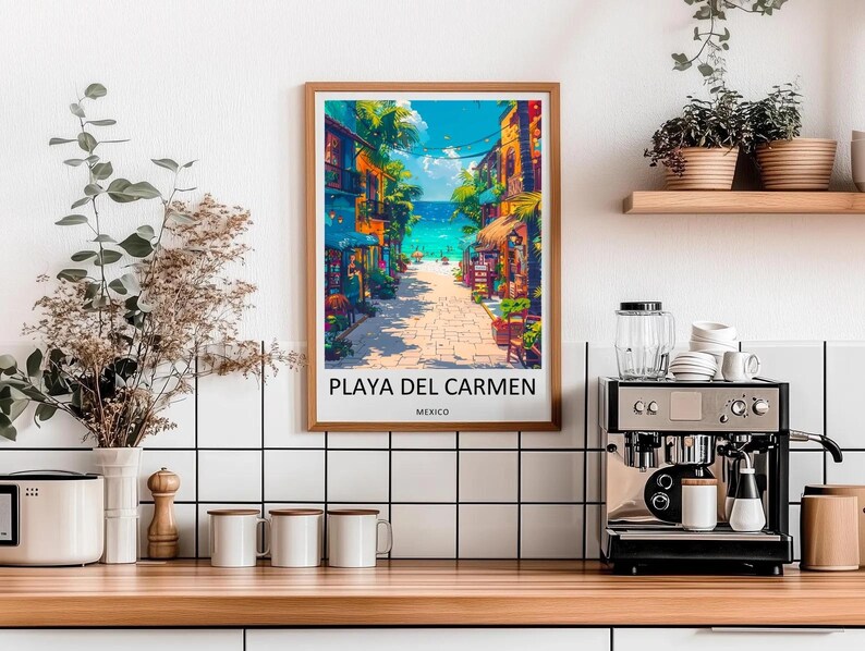 A vibrant Playa Del Carmen poster capturing the lively holiday atmosphere and colorful storefronts along the famous La Quinta Avenida. A beautiful piece of Mexican coastal wall art to brighten your home, this print is available as a premium framed art piece or high-quality canvas from MapYourDreams.