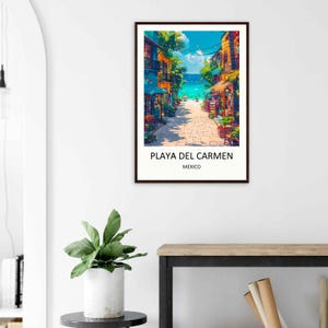 A clean, modern Playa Del Carmen canvas print designed to add a stylish, global touch to a contemporary home office, bedroom, or gallery wall display. Celebrating Mexico's beautiful resort style, this high-quality artwork is available as a premium framed print or gallery-wrapped canvas from MapYourDreams.