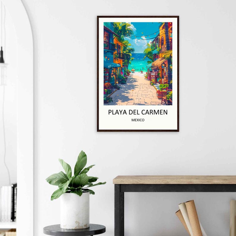 A clean, modern Playa Del Carmen canvas print designed to add a stylish, global touch to a contemporary home office, bedroom, or gallery wall display. Celebrating Mexico's beautiful resort style, this high-quality artwork is available as a premium framed print or gallery-wrapped canvas from MapYourDreams.