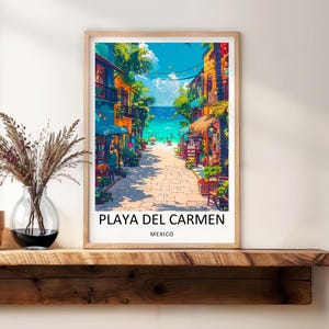 Capturing the romantic twilight energy of Riviera Maya, this contemporary Playa Del Carmen travel print highlights the warm, twinkling lights illuminating La Quinta Avenida. This evocative piece of Mexican landscape artwork is available as a framed print or gallery-wrapped canvas from MapYourDreams.