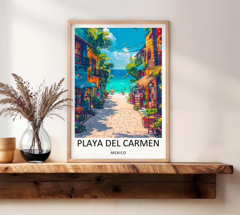 Capturing the romantic twilight energy of Riviera Maya, this contemporary Playa Del Carmen travel print highlights the warm, twinkling lights illuminating La Quinta Avenida. This evocative piece of Mexican landscape artwork is available as a framed print or gallery-wrapped canvas from MapYourDreams.