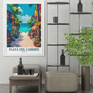 Captivating Playa Carmen Art depicting the lively La Quinta Avenida and the serene Caribbean Sea. This piece is perfect for adding a splash of color and culture to any room in your home.