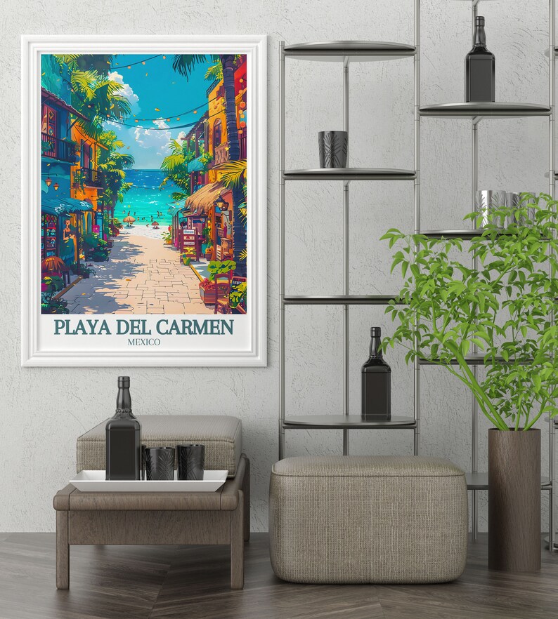 Captivating Playa Carmen Art depicting the lively La Quinta Avenida and the serene Caribbean Sea. This piece is perfect for adding a splash of color and culture to any room in your home.