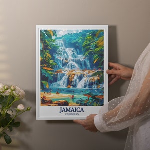 A detailed depiction of Ocho Rios Beach in Jamaica, highlighting the crystal clear waters and soft sandy shores. The artwork captures the serene ambiance of the beach, making it a perfect addition to any tropical themed decor.