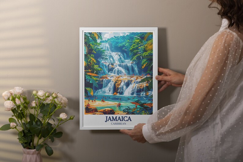 A detailed depiction of Ocho Rios Beach in Jamaica, highlighting the crystal clear waters and soft sandy shores. The artwork captures the serene ambiance of the beach, making it a perfect addition to any tropical themed decor.