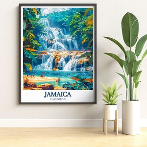 A vibrant travel poster of Ocho Rios Beach, capturing the essence of Jamaicas tropical paradise. The detailed illustration showcases the clear blue waters and soft sandy shores, inviting viewers to immerse themselves in the beauty of the beach.