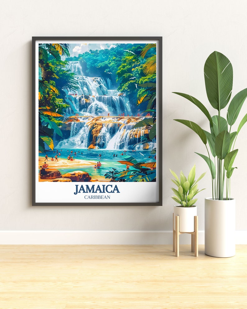 A vibrant travel poster of Ocho Rios Beach, capturing the essence of Jamaicas tropical paradise. The detailed illustration showcases the clear blue waters and soft sandy shores, inviting viewers to immerse themselves in the beauty of the beach.