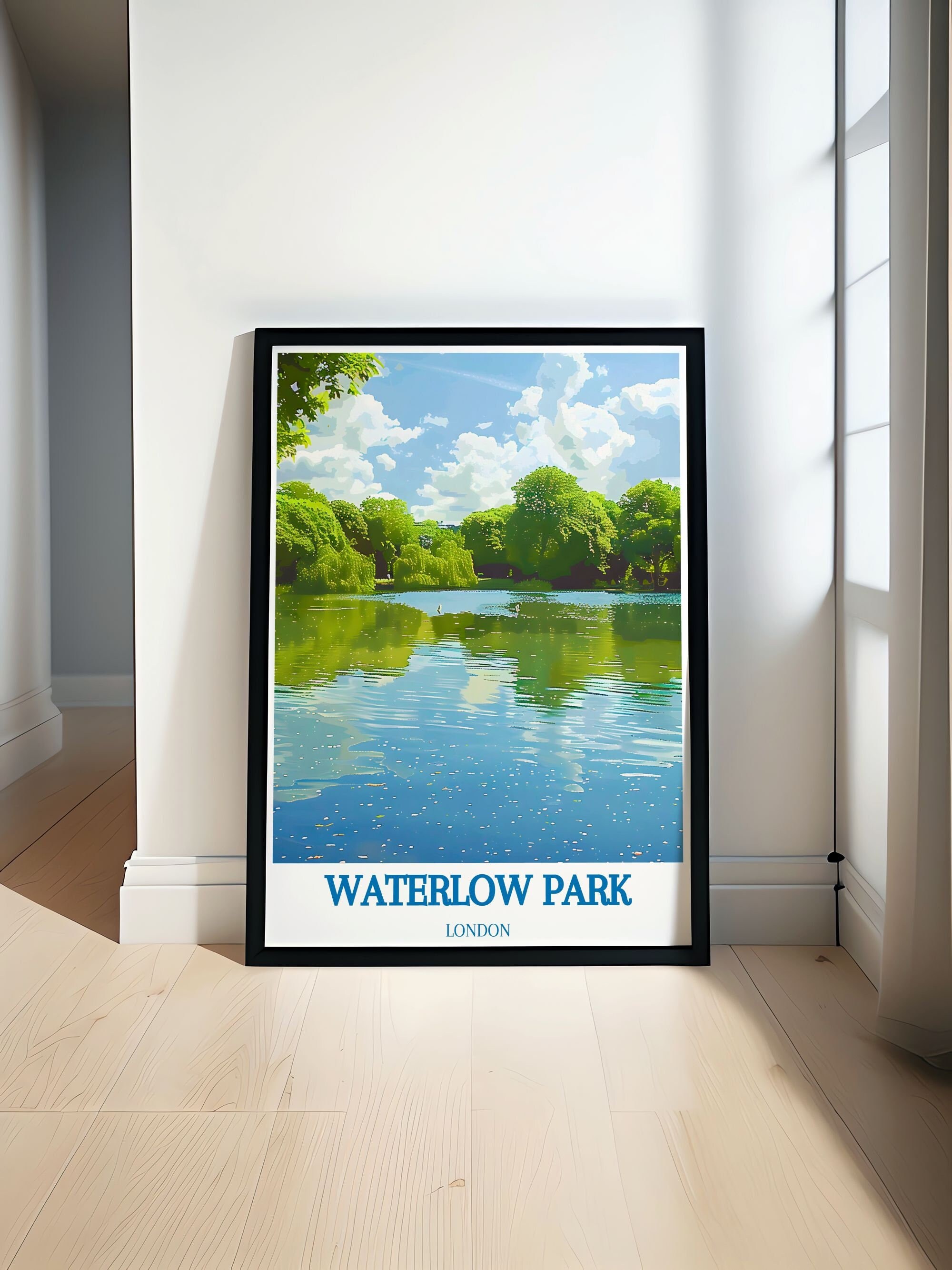 Waterlow ParkTravel Print - Highgate Ponds Art Poster for Home and Office - Highgate Ponds Gift - Highgate Cemetery and London Skyline