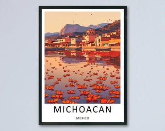 Michoacan Poster Monarch Butterfly Mexico Canvas Print Patzcuaro Lake Framed Wall Art Decor