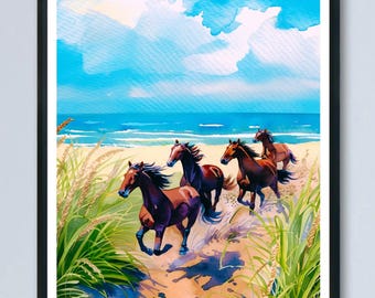 Plakat Outer Banks, wydruk Corolla Beach, dzikie konie, płótno, oprawiony, prezent na ścianę w Karolinie Północnej
