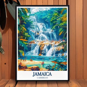 A stunning depiction of Ocho Rios Beach in Jamaica, showcasing the serene waves and beautiful shoreline. This travel poster is a perfect addition to any decor, celebrating the natural beauty and tranquility of Jamaicas beaches.