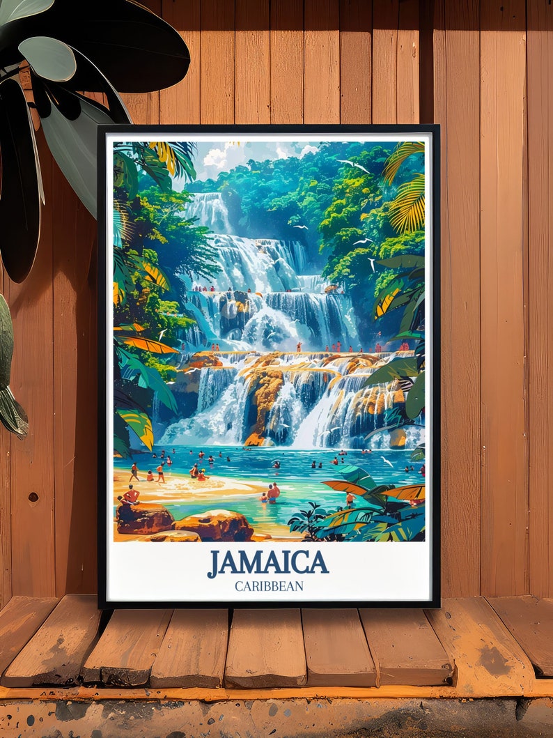 A stunning depiction of Ocho Rios Beach in Jamaica, showcasing the serene waves and beautiful shoreline. This travel poster is a perfect addition to any decor, celebrating the natural beauty and tranquility of Jamaicas beaches.