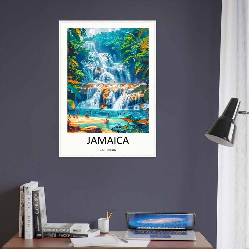 Designed with a sleek, modern graphic aesthetic, this minimalist Jamaica poster utilizes clean vector lines, a warm tropical color palette, and bold typography to highlight the island's famous natural landmarks. A striking art print that seamlessly complements contemporary apartments and minimalist spaces.