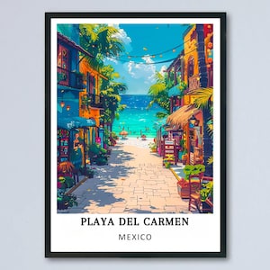 A vibrant travel art print of Playa Del Carmen featuring the iconic La Quinta Avenida. The poster captures the lively Mexican coastal atmosphere, available as a framed print or canvas art from the MapYourDreams store.