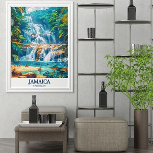An exquisite travel poster of Jamaicas Dunns River Falls, featuring the terraced cascades and vibrant greenery. The intricate details and vibrant colors make this artwork a stunning representation of Jamaicas natural wonders.