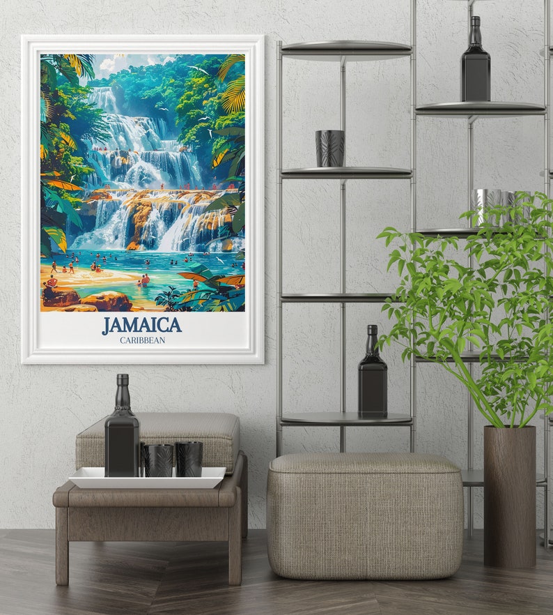 An exquisite travel poster of Jamaicas Dunns River Falls, featuring the terraced cascades and vibrant greenery. The intricate details and vibrant colors make this artwork a stunning representation of Jamaicas natural wonders.