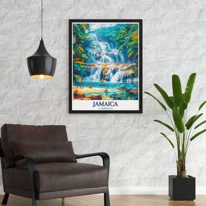 A detailed art print of Dunns River Falls, capturing the essence of Jamaicas iconic waterfall. The artwork showcases the cascading waters and lush greenery, making it a perfect addition to any nature themed decor.
