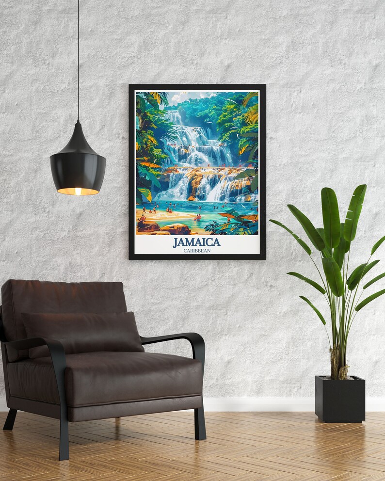 A detailed art print of Dunns River Falls, capturing the essence of Jamaicas iconic waterfall. The artwork showcases the cascading waters and lush greenery, making it a perfect addition to any nature themed decor.