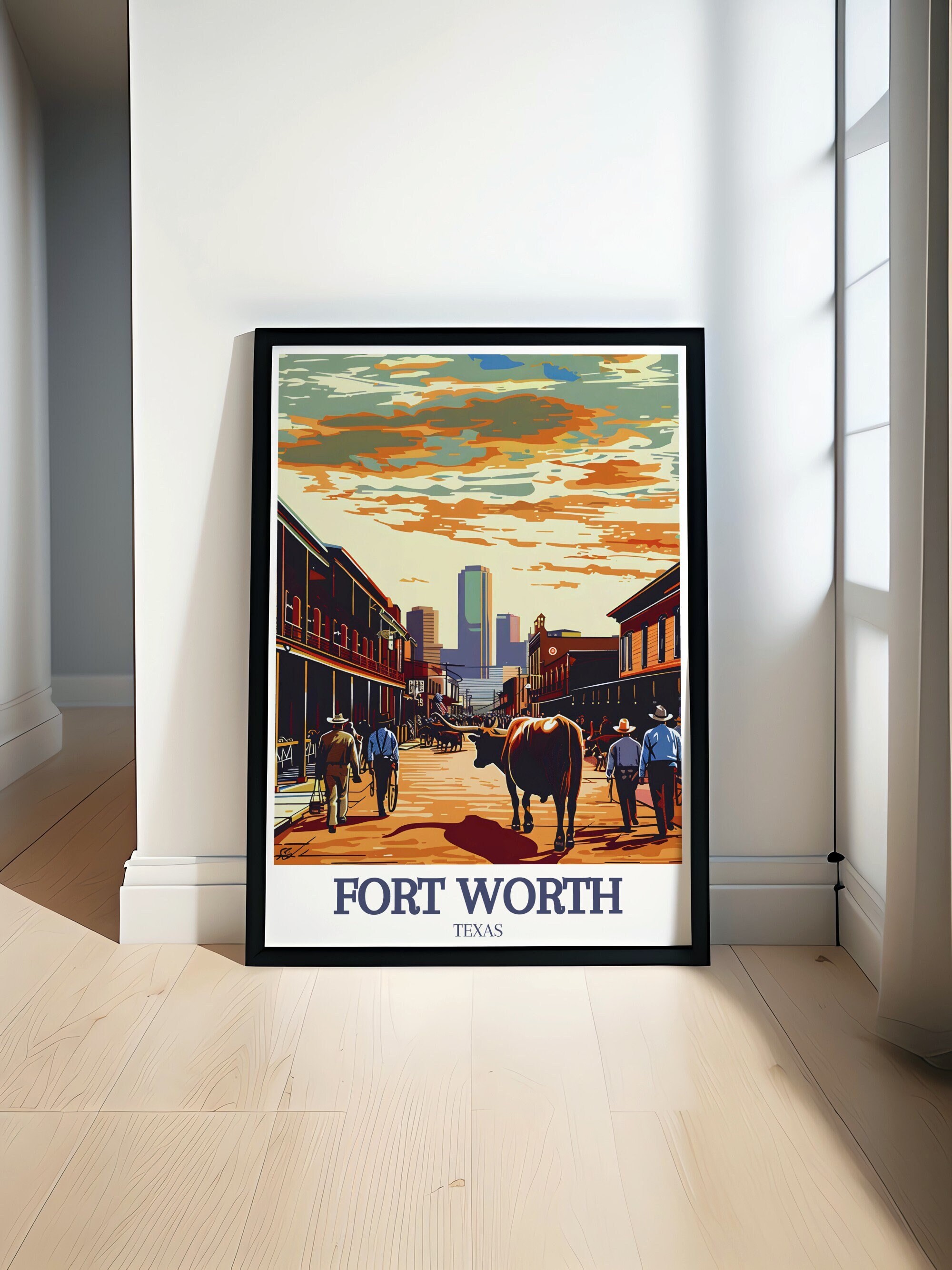 Impresión de Fort Worth - Impresión de Fort Worth Stockyards - Arte mural de Fort Worth - Impresión de Stockyards Exchange Street - Póster de Fort Worth - Marco de Fort Worth