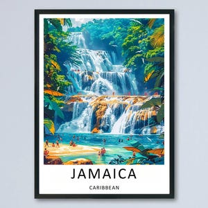 Channeling the vibrant tropical rhythms of the Caribbean, this Jamaica travel poster beautifully contrasts the rushing, terraced waters of the legendary Dunn's River Falls with the sun-kissed sands of Ocho Rios Beach. A perfect island getaway for your home and an unforgettable travel gift, this lively piece of Jamaican wall decor is available as a premium framed art print or striking gallery canvas from MapYourDreams.