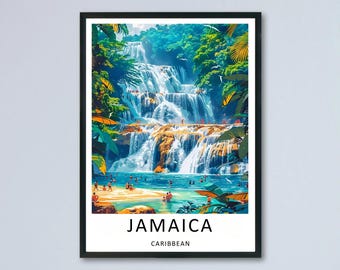 Jamajka – obraz ścienny na płótnie z wodospadem Dunns River, plaża Ocho Rios, oprawiony plakat podróżniczy
