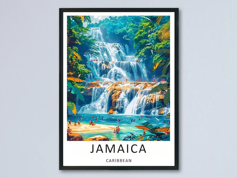 Channeling the vibrant tropical rhythms of the Caribbean, this Jamaica travel poster beautifully contrasts the rushing, terraced waters of the legendary Dunn's River Falls with the sun-kissed sands of Ocho Rios Beach. A perfect island getaway for your home and an unforgettable travel gift, this lively piece of Jamaican wall decor is available as a premium framed art print or striking gallery canvas from MapYourDreams.