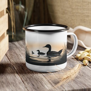 Loon Coffee Mug, Coffee Lover, Art Mug, Cabin Mug, Camping Mug, 12oz Loon on a sunset lake permanently printed on glossy enamel mug