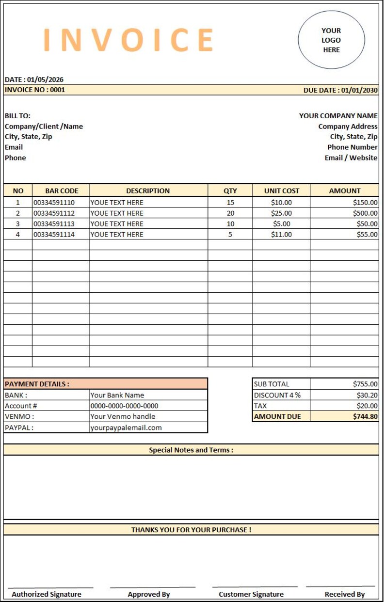 Invoice Format Header Editable Excel Invoice Template | Professional Business Billing ...