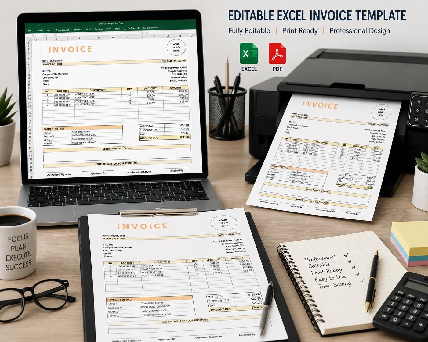 Editable Excel Invoice Template | Professional Business Billing ...