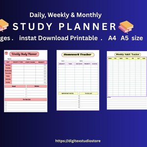 May include: A digital study planner with daily, weekly, and monthly layouts. The planner includes 41 pages and is available in A4 and A5 sizes. The image shows several planner pages with sections for tasks, notes, and habit tracking.