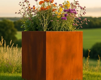 Fioriera in acciaio Corten, quadrata da 600 mm, in metallo arrugginito, per esterni.