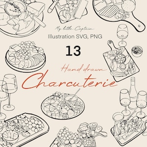 Illustrazione clipart di tagliere di salumi e vino — Disegno a mano di linee per formaggi, antipasti e feste gourmet / file PNG SVG