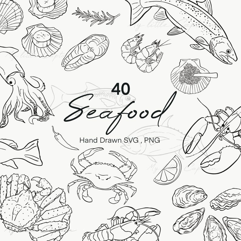 May include: Black and white hand-drawn seafood illustrations, including fish, shrimp, crab, lobster, oysters, and more. The word "Seafood" is written in a cursive font, with the number "40" above it. The text "Hand Drawn SVG, PNG" is below.