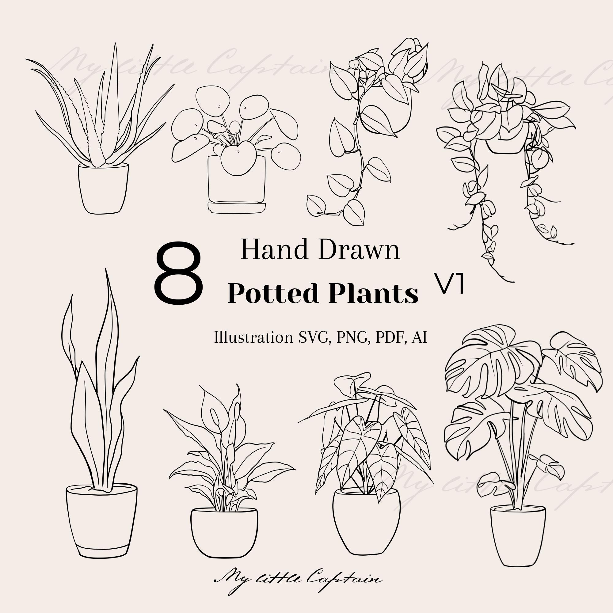 鉢植えの植物のクリップアートバンドル、植物の線画、観葉植物のSVG 