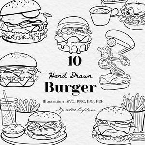 Może przedstawiać: Czarno-biała ilustracja przedstawiająca burgery, frytki i sosy. Widoczny jest tekst "10 Hand Drawn Burger". Dodatkowy tekst to "Illustration SVG, PNG, JPG, PDF" i "My little Captain".