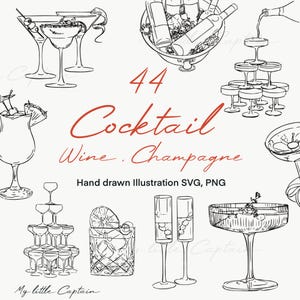 Puede incluir: Ilustración en blanco y negro de copas de cóctel, copas de champán y botellas de vino. El texto dice "44 Cocktail Wine Champagne" y "Hand drawn Illustration SVG, PNG".